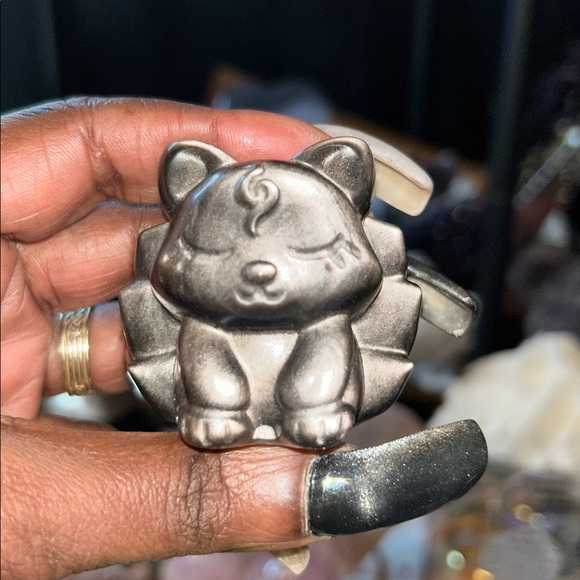 Crystal Luxury Psychology Other - Adorable and Legendary 9-tail Fox in Silver Sheen Obsidian carving